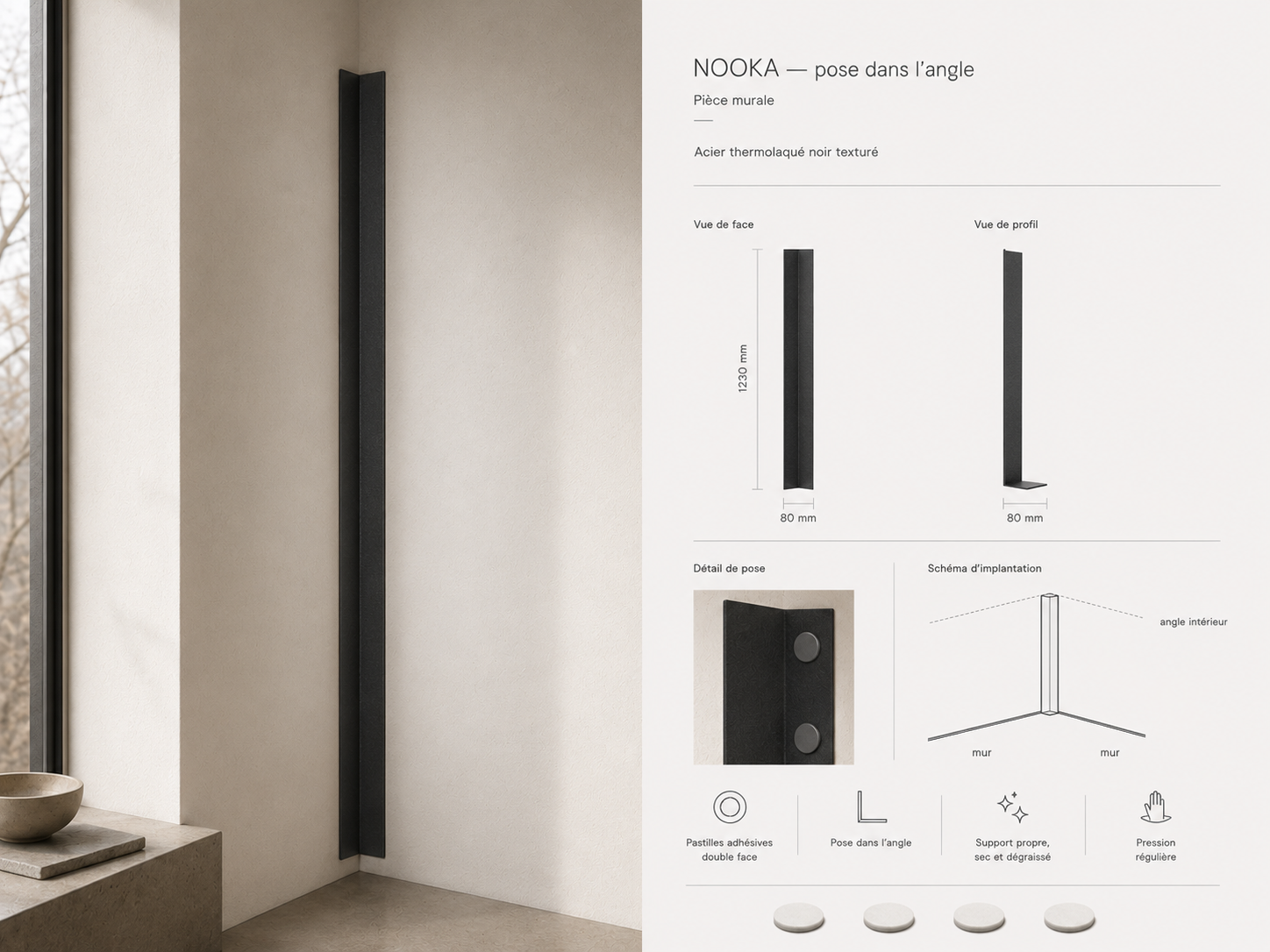 NOOKA — pose dans l’angle rentrant : pièce murale noire dans un angle intérieur, avec guide de pose.