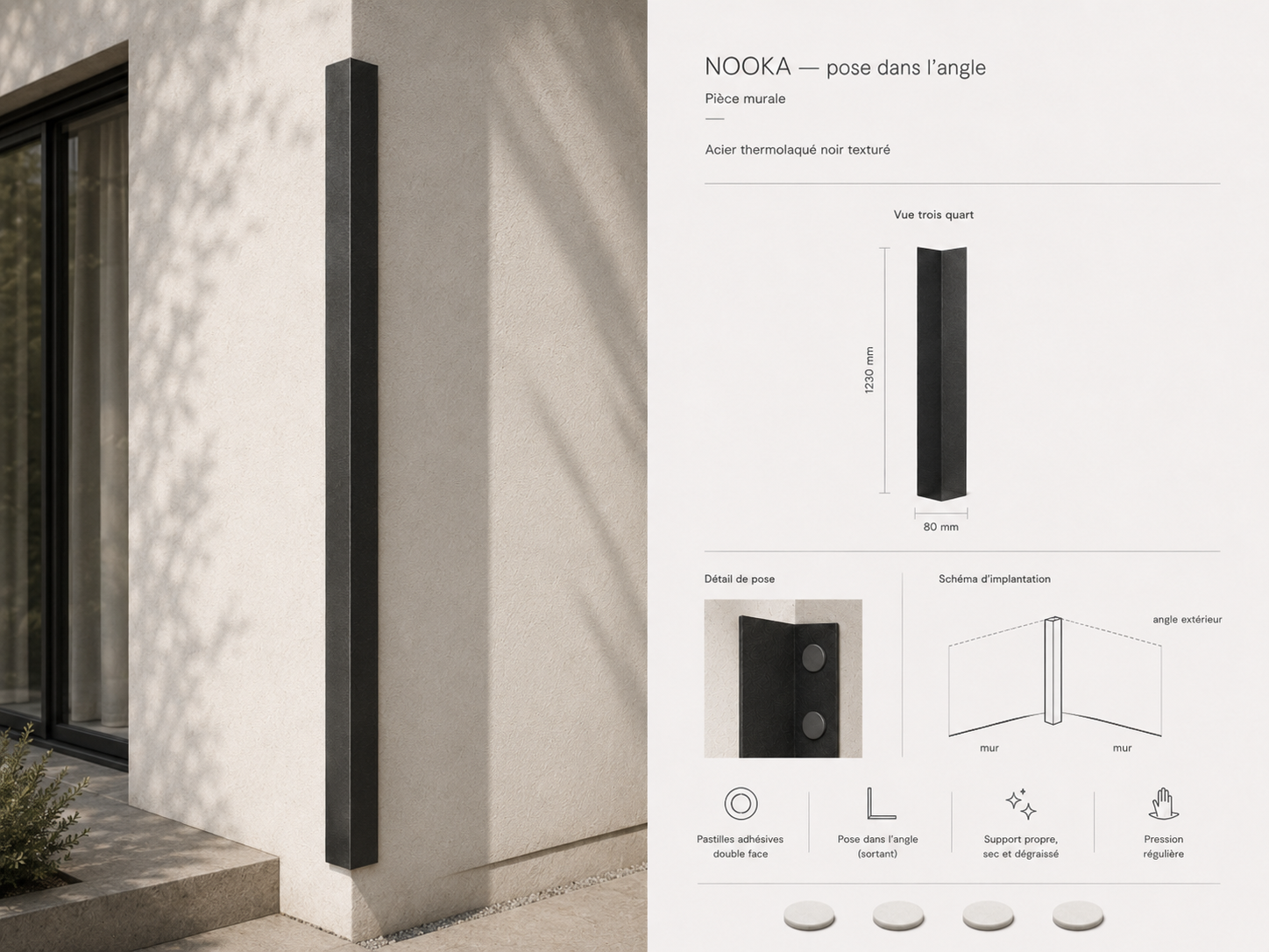 NOOKA — pose dans l’angle sortant : pièce murale noire sur un angle extérieur, avec guide de pose.